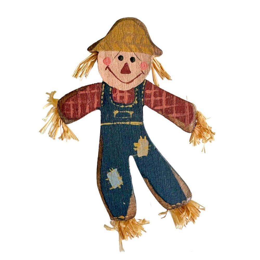 Vintage Handmade Wooden Scarecrow Brooch Pin | Fall | Thanksgiving